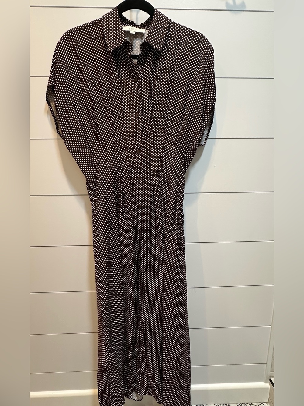 Polka Dot Button-Front Maxi Dress in Chocolate Brown and White with pockets.